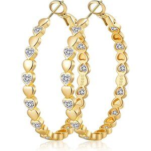 14k Gold Plated 40mm Heart Cubic Zirconia Rhinestone Hoop Earring for Women